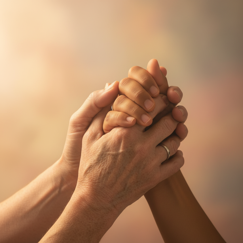 An older hand gently clasped with a younger hand, conveying comfort, support, and enduring love.