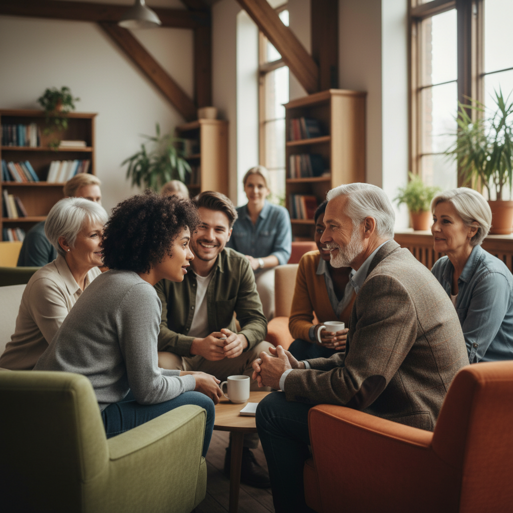 An older man, appearing to be a pastor, engaging in a caring conversation with a young adult in a warm community setting, surrounded by other people.