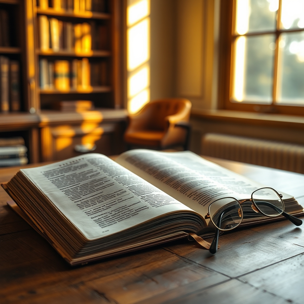 An open ancient Bible on a wooden table with warm sunlight streaming through a window, creating a reverent and contemplative atmosphere.