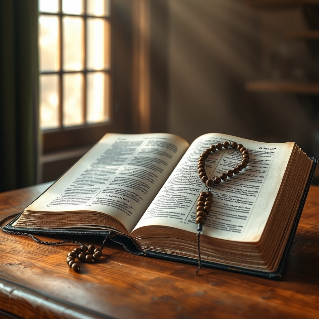 An open ancient Bible with a rosary on a wooden table in morning light.