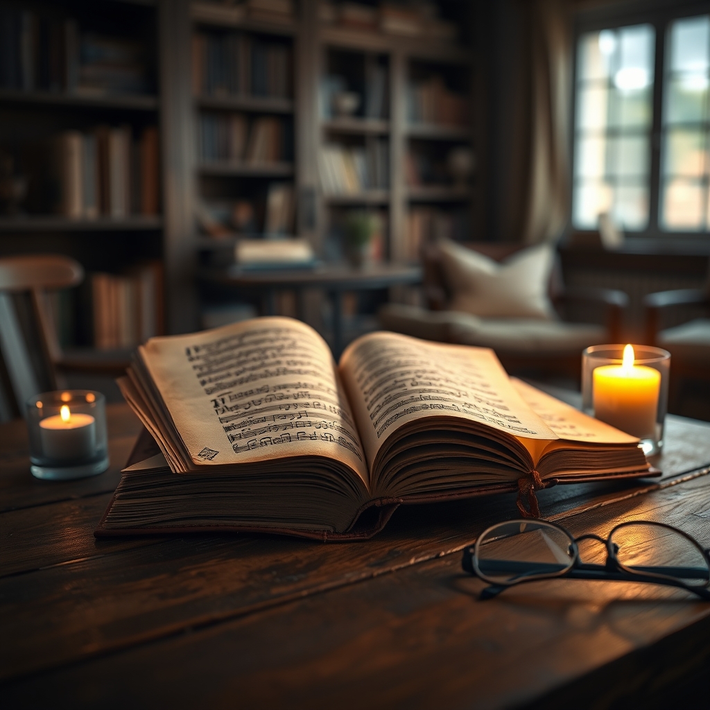 An open antique hymnal with handwritten notes resting on a wooden table beside a lit candle and reading glasses, with soft warm lighting.