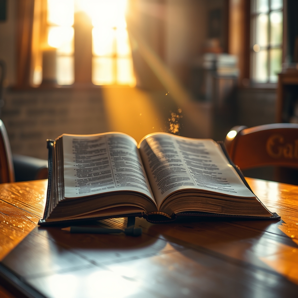 An open Bible held by gentle hands in warm golden sunlight, with soft focus background of a cozy study.