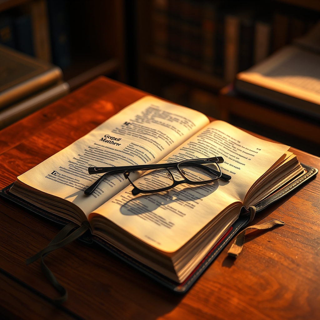An open Bible lying on a wooden desk with warm light illuminating the Gospel pages