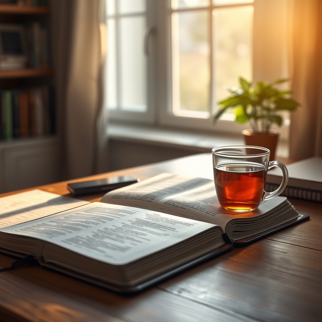 An open Bible on a wooden desk with a cup of tea beside a window with soft morning light, symbolizing peaceful reflection and spiritual discernment.