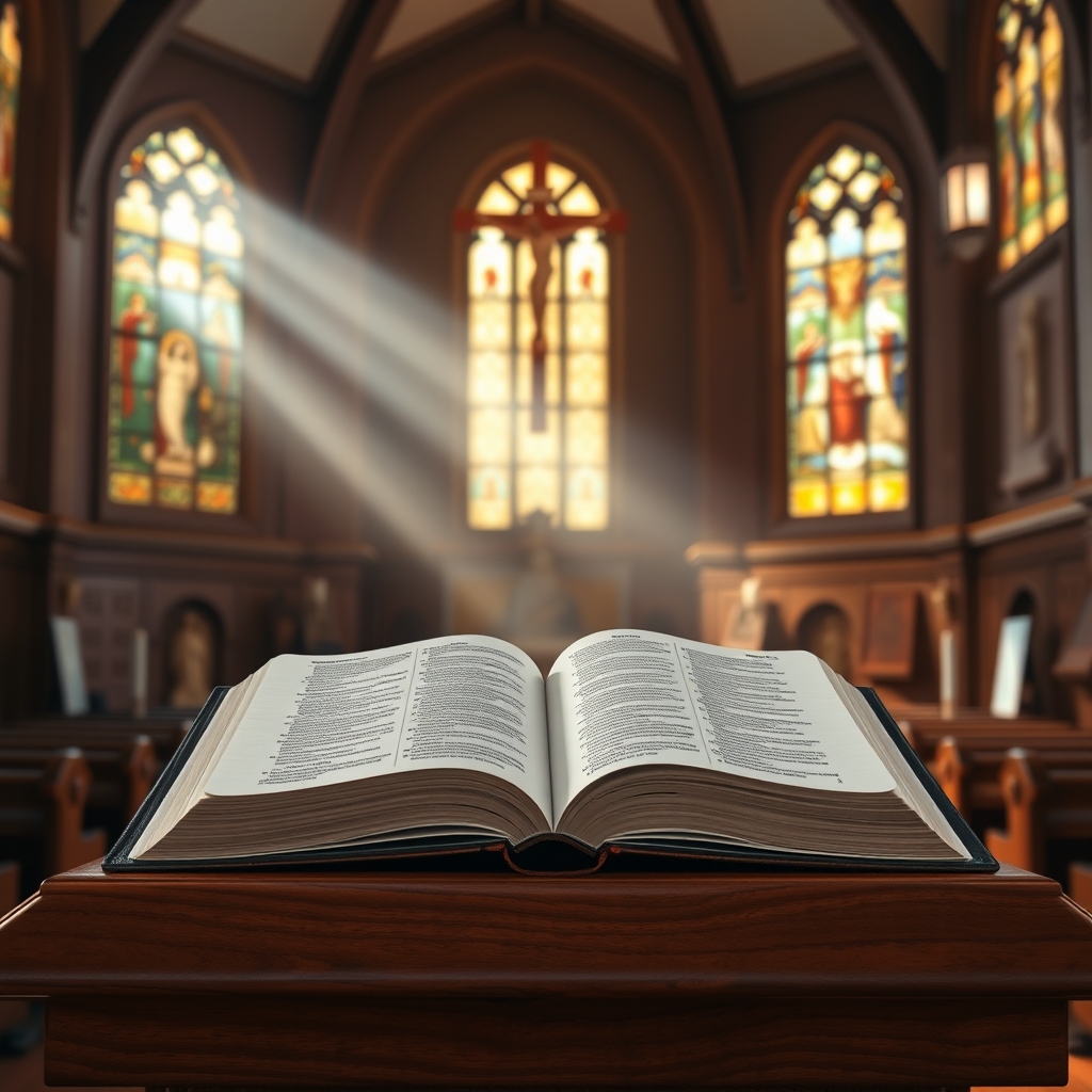 An open Bible on a wooden lectern in a peaceful church sanctuary with stained glass light, symbolizing the true message of salvation through Christ.