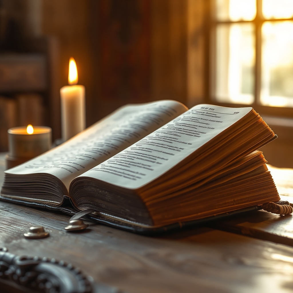 An open Bible on a wooden table beside a lit candle, bathed in warm golden sunlight, evoking a sacred and peaceful atmosphere.