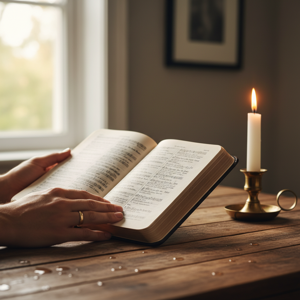 An open Bible on a wooden table beside a lit candle and hands gently holding the pages, warm ambient lighting, shallow depth of field, quiet devotional atmosphere