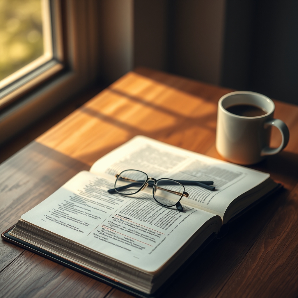 An open Bible on a wooden table with a cup of coffee and reading glasses in soft morning light.