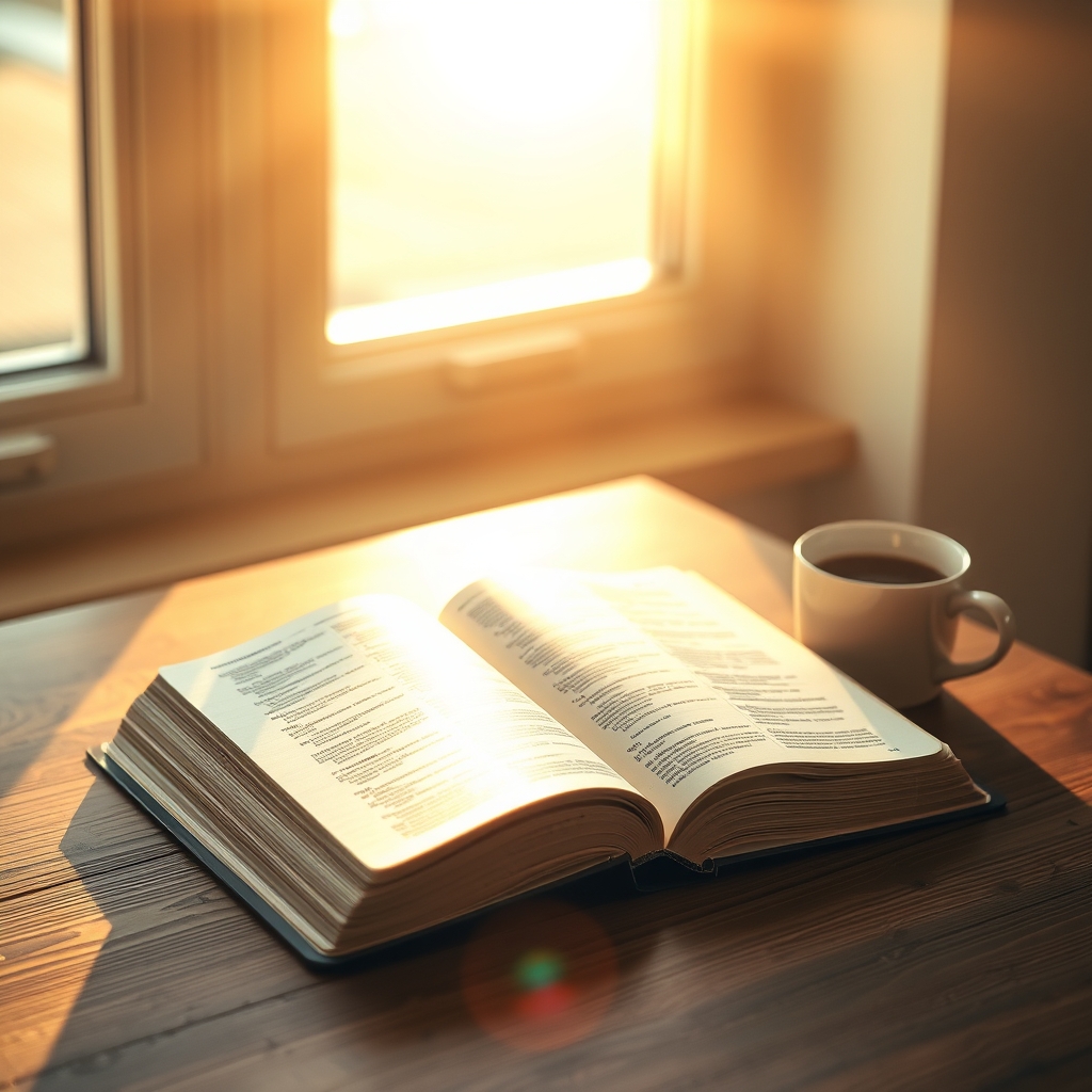 An open Bible on a wooden table with a cup of coffee in soft morning light, symbolizing reflection on who Jesus Christ is and why He matters today.