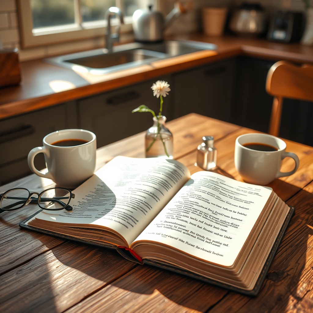 An open Bible on a wooden table with a cup of coffee and a flower, symbolizing personal devotion.