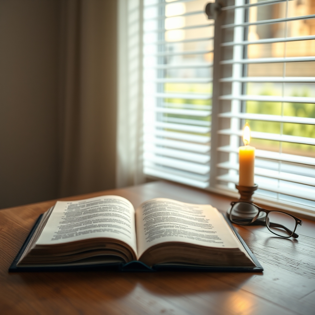 An open Bible on a wooden table with a lit candle in soft morning light.