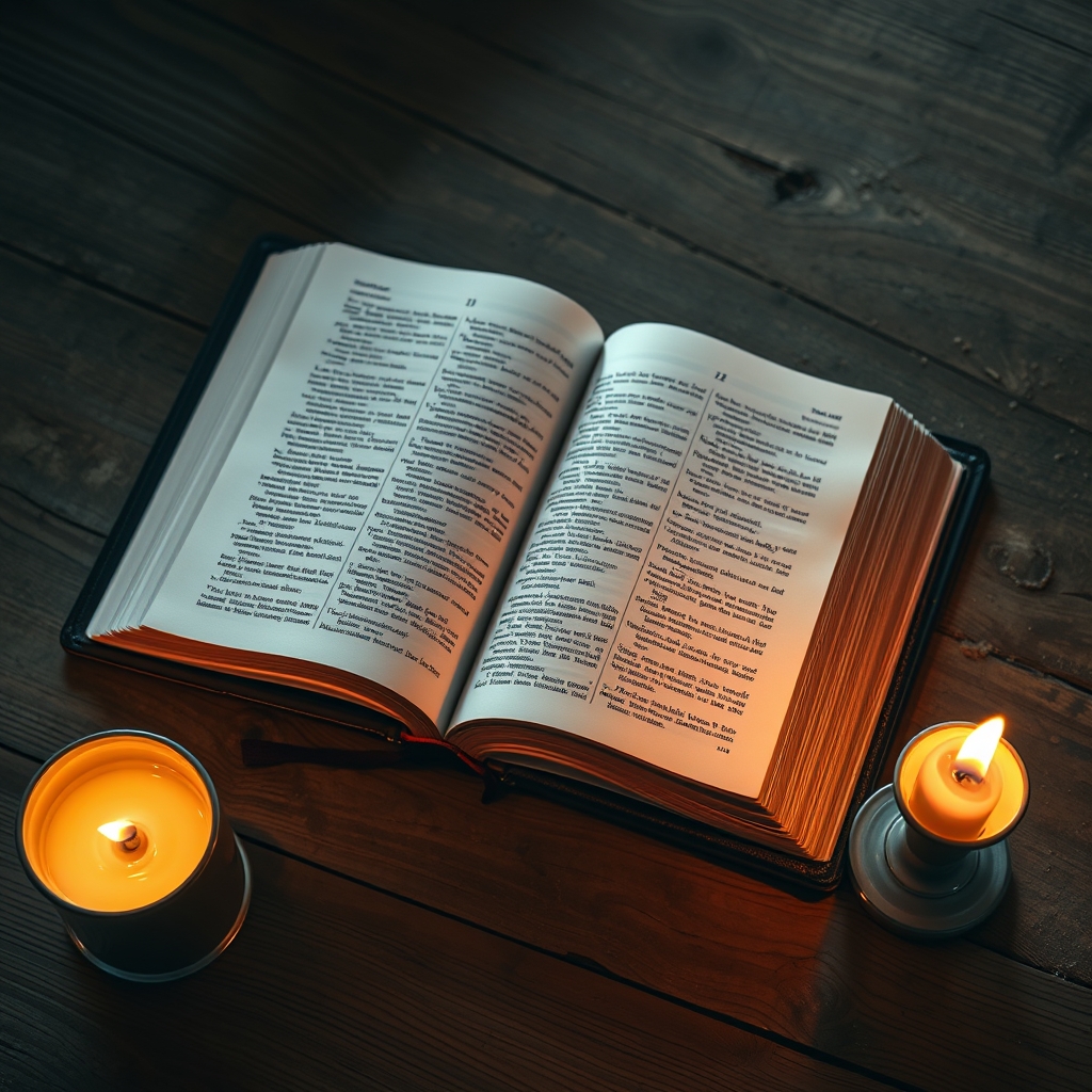 An open Bible on a wooden table with a lit candle beside it, symbolizing reflection and seeking answers through Scripture.