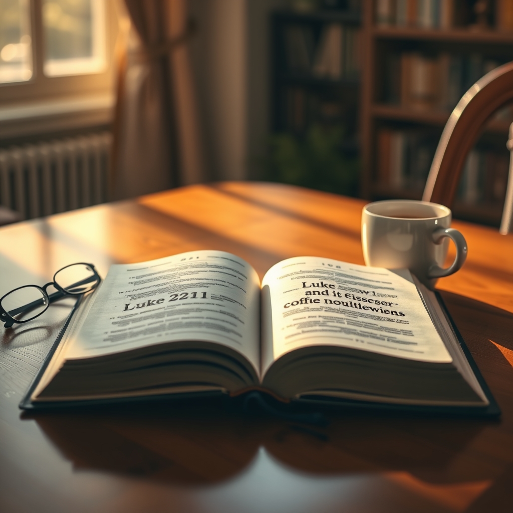 An open Bible on a wooden table with morning light, showing the passage Luke 2:21, accompanied by reading glasses and a cup of coffee.