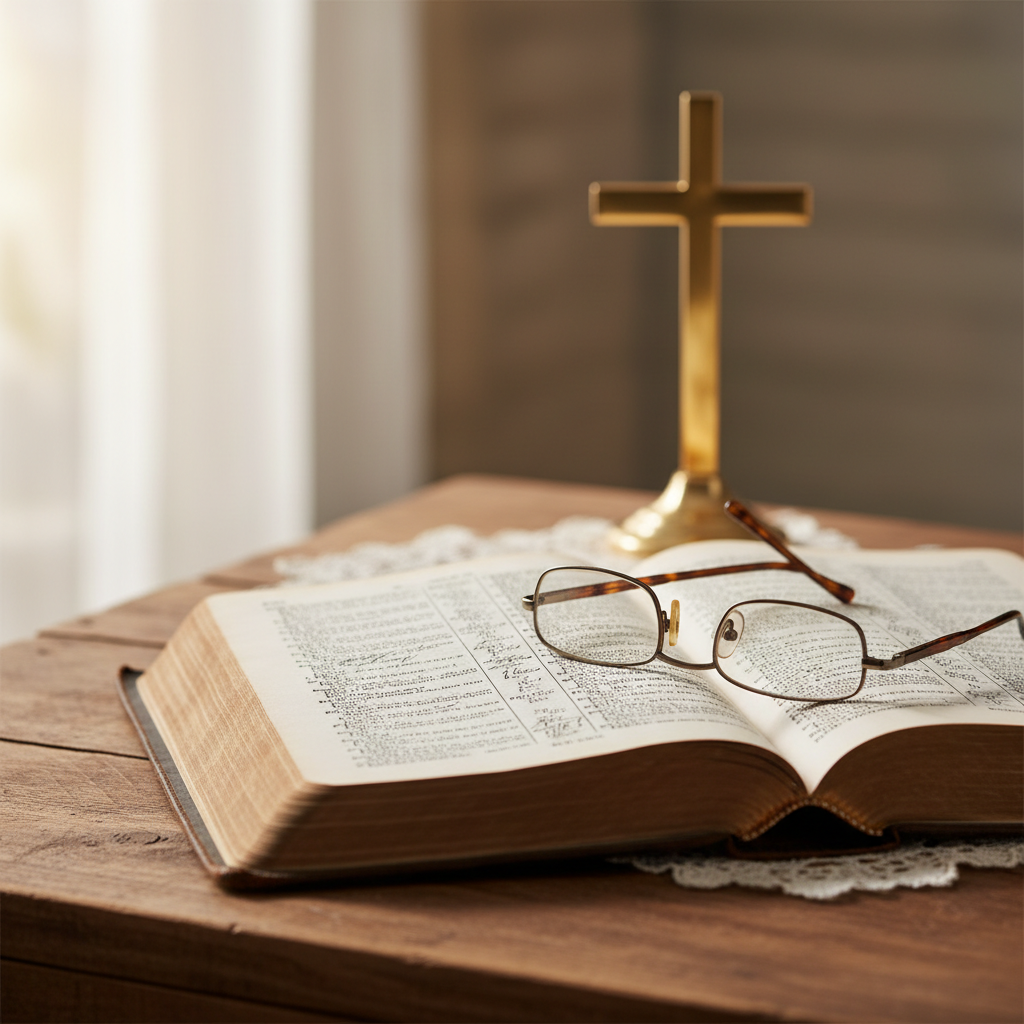 An open Bible on a wooden table with reading glasses and a cross in soft natural light, symbolizing faith and reverence.