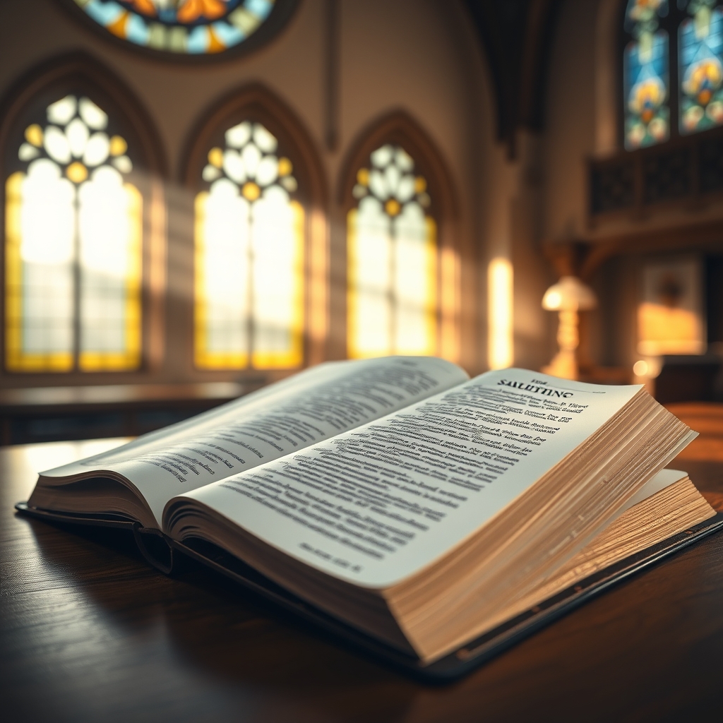 An open Bible on a wooden table with soft light shining on its pages.