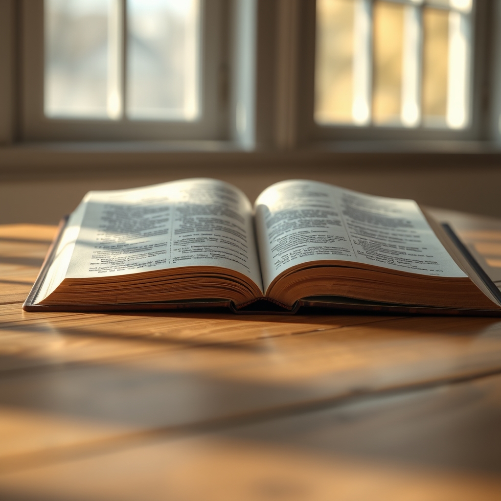 An open Bible on a wooden table with soft natural light, pages gently turned to a highlighted passage, warm and reverent atmosphere