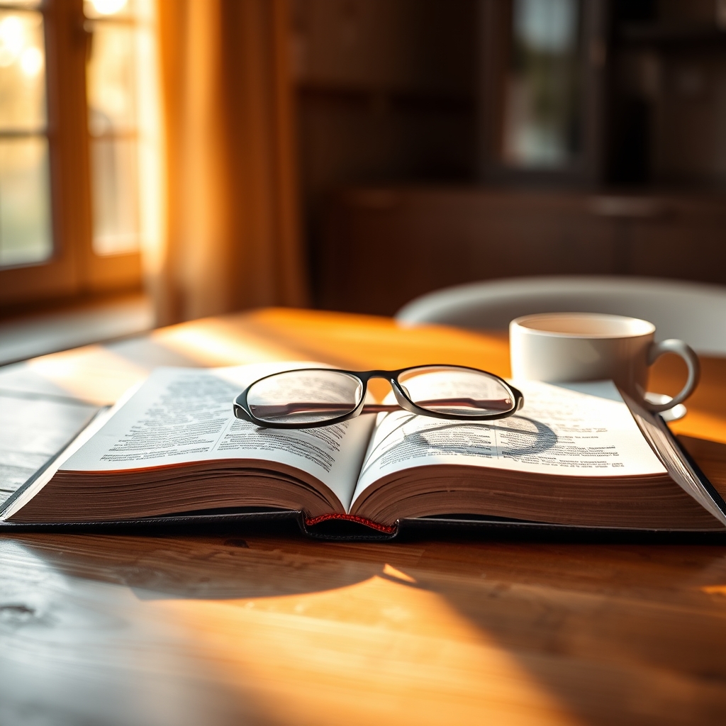 An open Bible on a wooden table with warm morning light, a cup of coffee, and reading glasses, evoking a peaceful, reverent atmosphere.