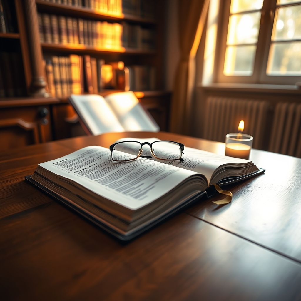 An open Bible on a wooden table with warm sunlight, reading glasses, and a lit candle beside it