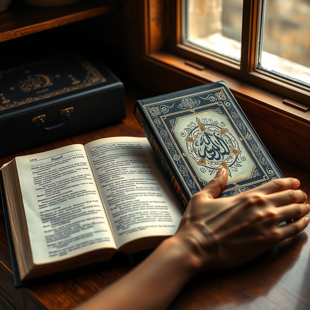 An open Bible placed beside a Quran on a wooden desk, bathed in warm natural light, symbolizing a respectful comparison of the two sacred texts.