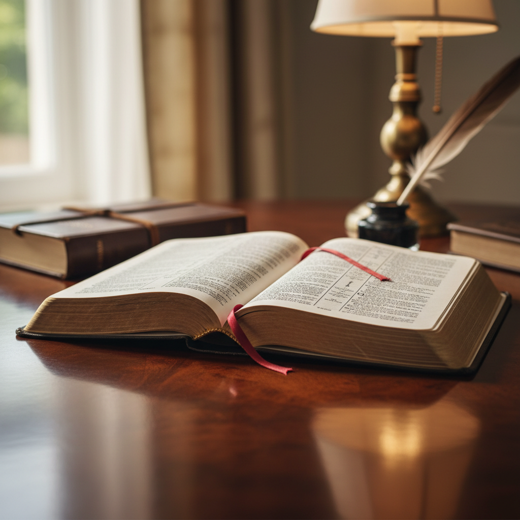 An open Bible resting on a polished wooden desk in a well-lit study setting.