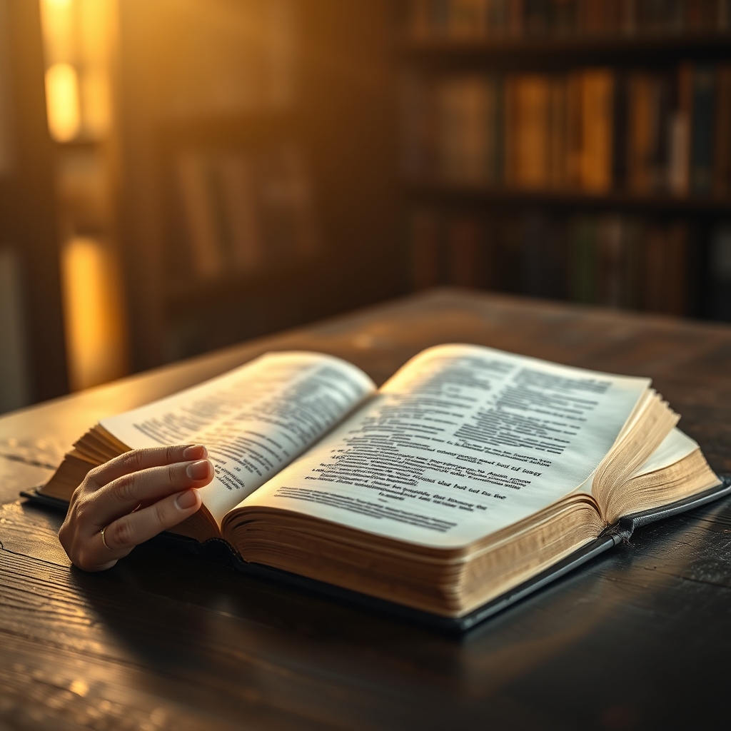 An open Bible resting on a wooden table bathed in warm golden light, with hands gently placed on the pages, symbolizing powerful verses about Jesus in English.