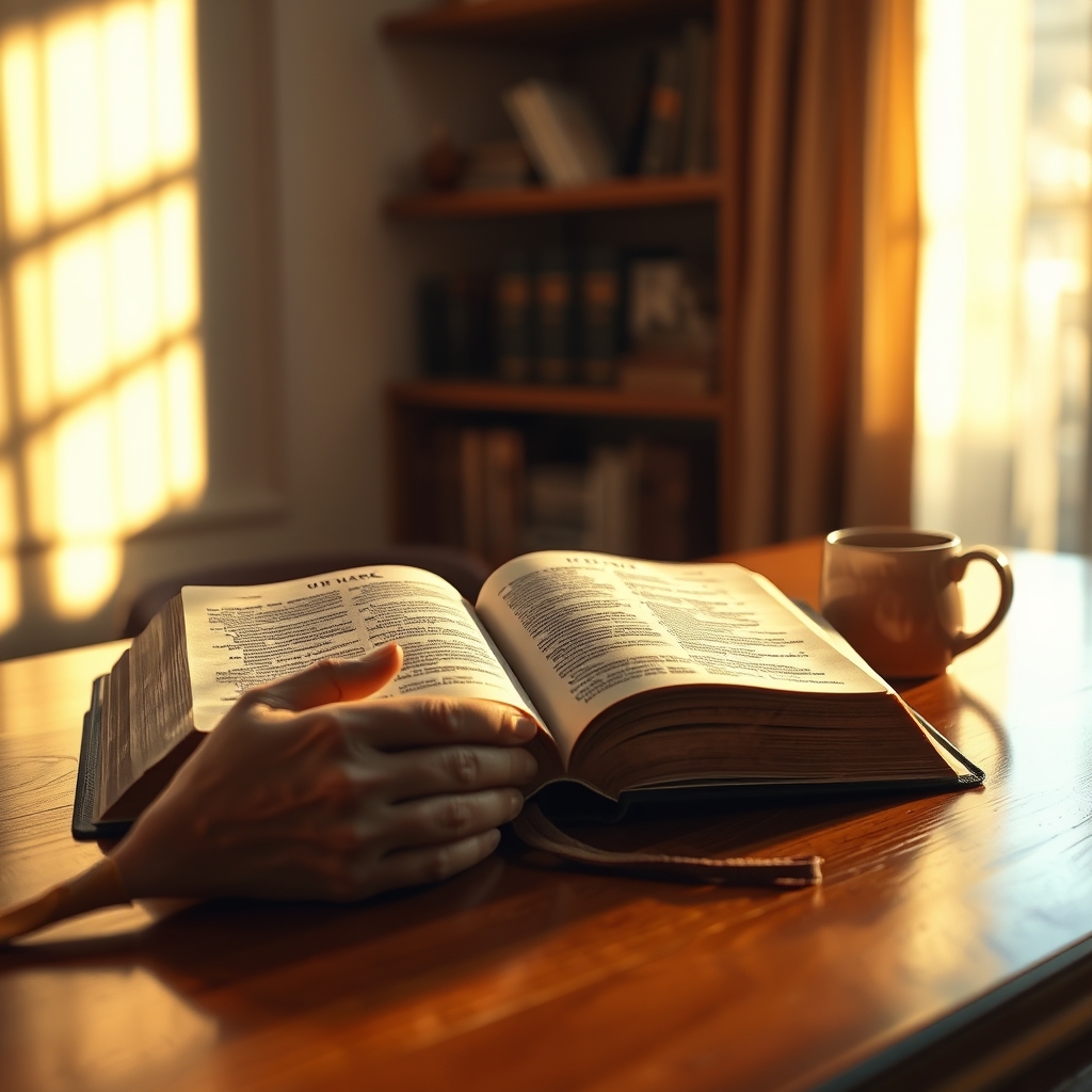 An open Bible resting on a wooden table in warm sunlight, with hands placed beside it in a prayerful posture.