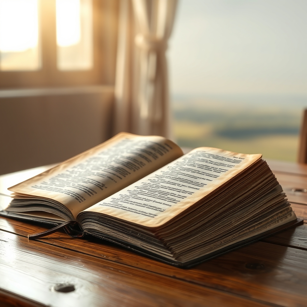 An open Bible resting on a wooden table with soft light and a serene background.