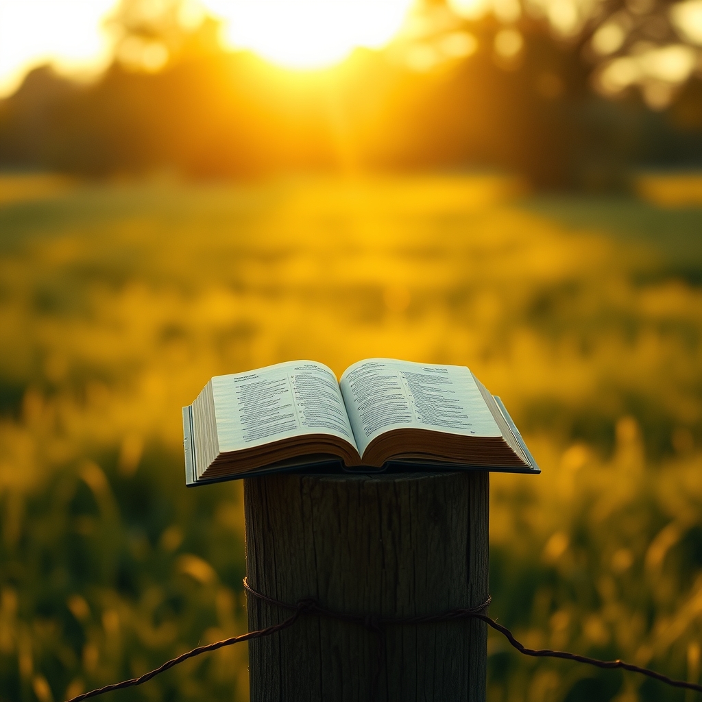 An open Bible rests on a weathered wooden fence post in a sun-drenched meadow.
