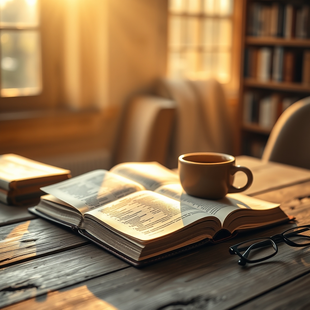 An open Bible sits on a wooden table beside a cup of coffee in warm sunlight, symbolizing daily devotion.