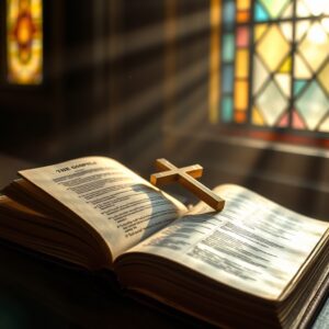 An open Bible with a gold cross resting on illuminated pages, bathed in warm light from a stained-glass window, symbolizing the power of Jesus’ words.
