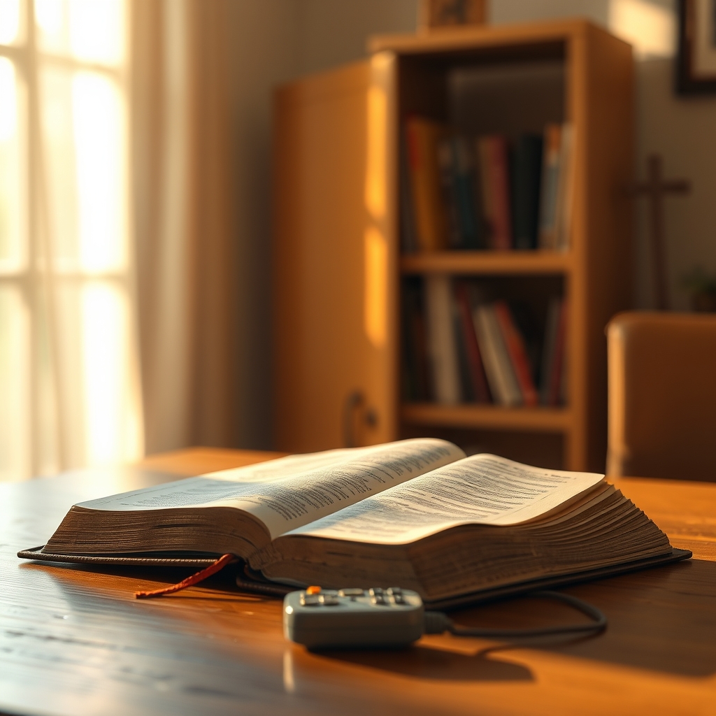 An open Bible with a remote nearby in warm morning light, symbolizing the real Jesus of Scripture alongside the Superbook animated series.
