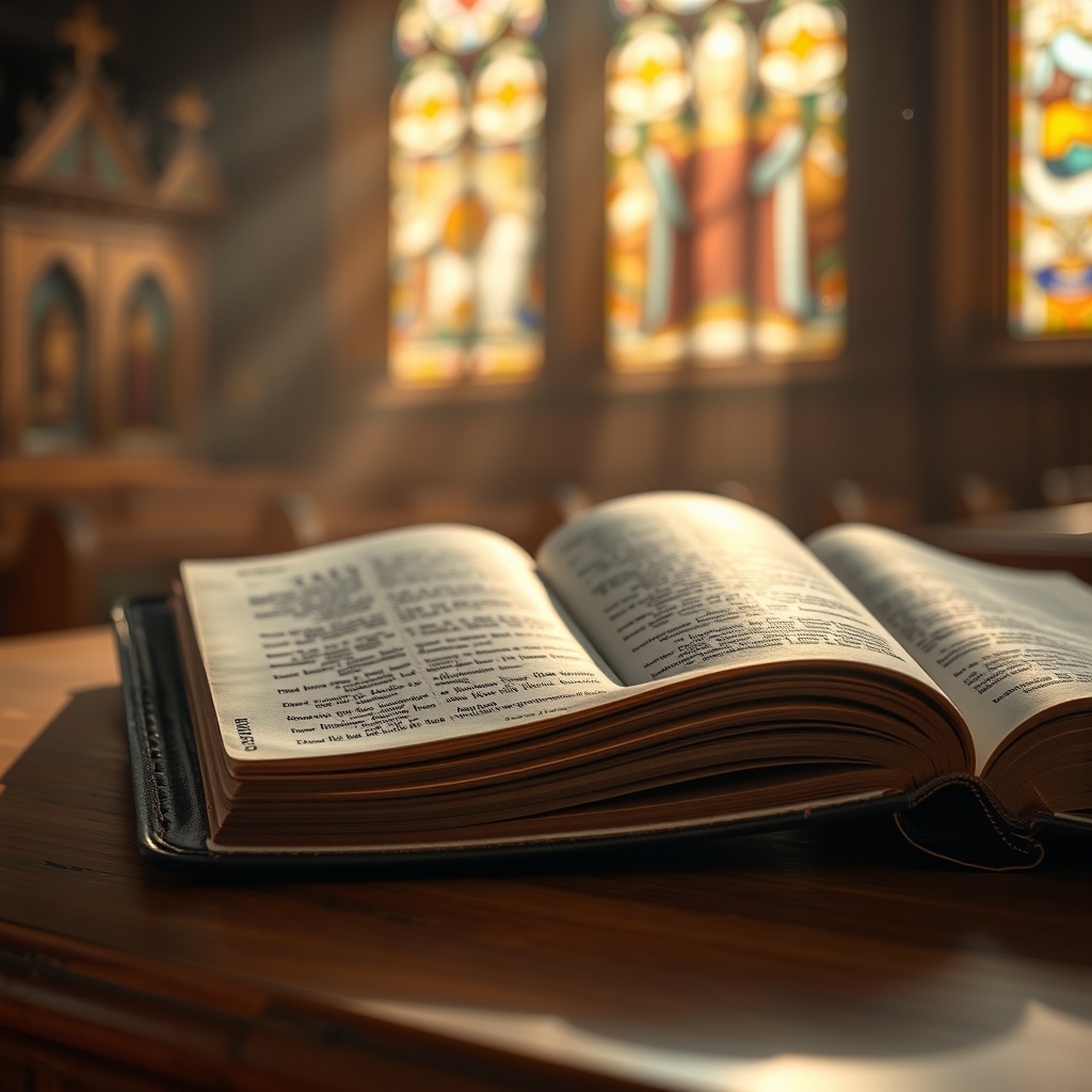 An open Bible with Gospels pages visible on a wooden surface bathed in warm morning light streaming through stained glass