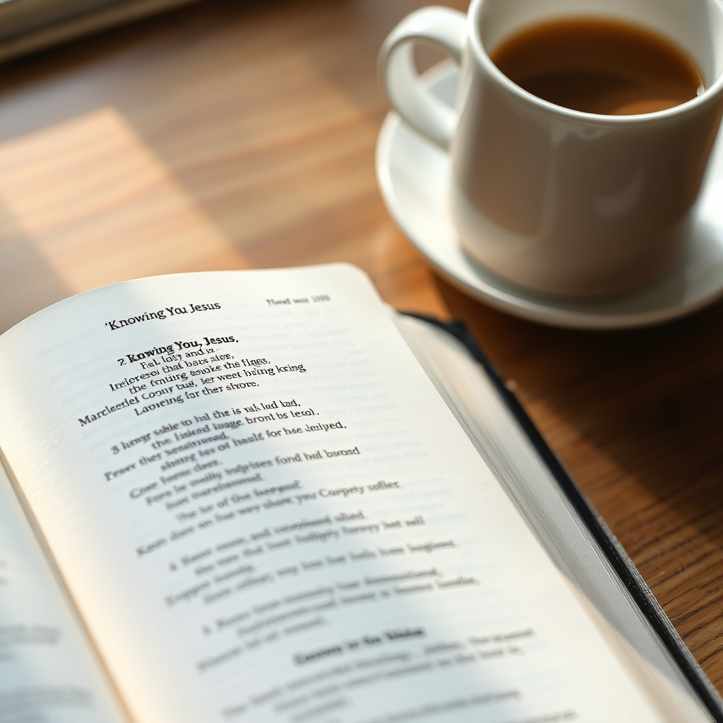An open Bible with highlighted lyrics from 'Knowing You, Jesus' written in the margins, resting on a wooden table with a cup of coffee.