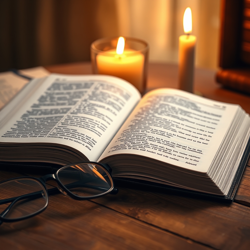 An open Bible with highlighted text, reading glasses, and a lit candle on a wooden desk, bathed in warm, golden light, symbolizing biblical study and devotion.