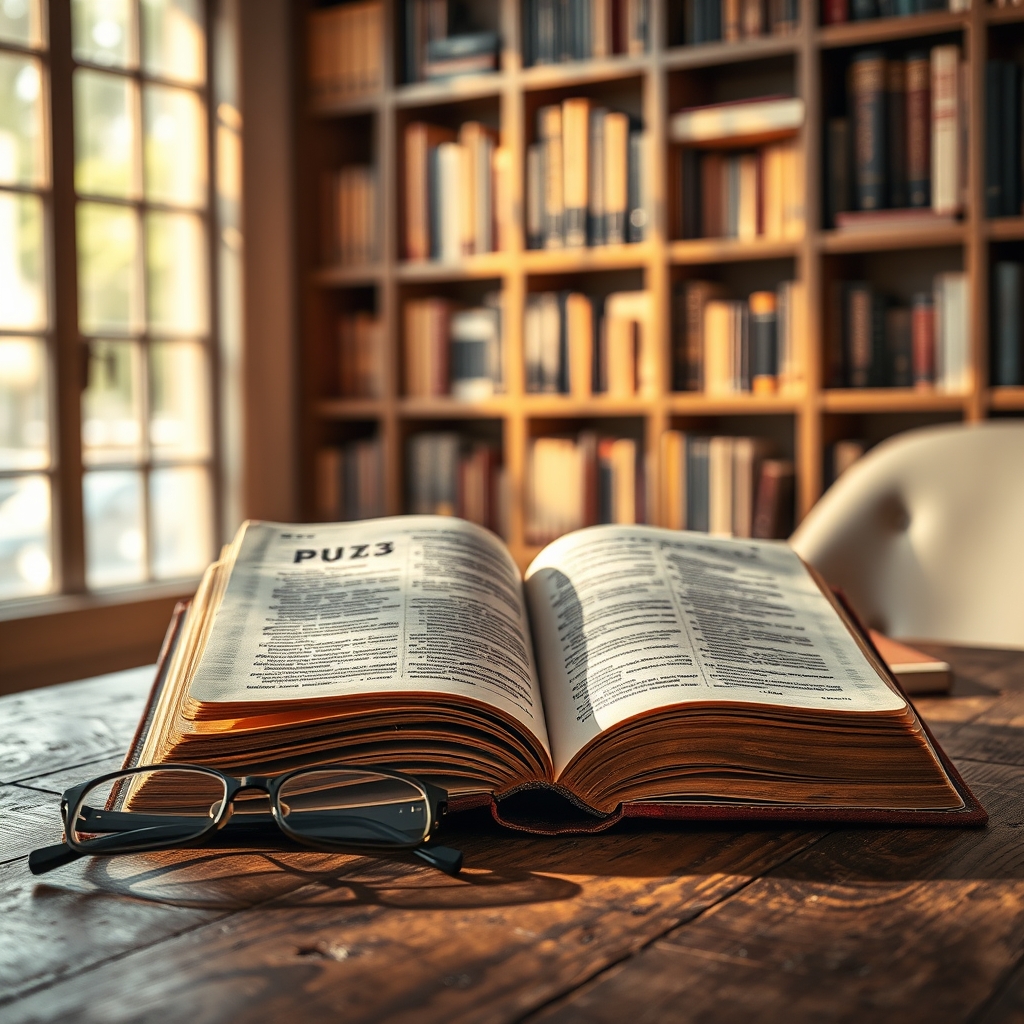 An open Bible with reading glasses beside it on a wooden table in a warmly lit study room with bookshelves in the background.