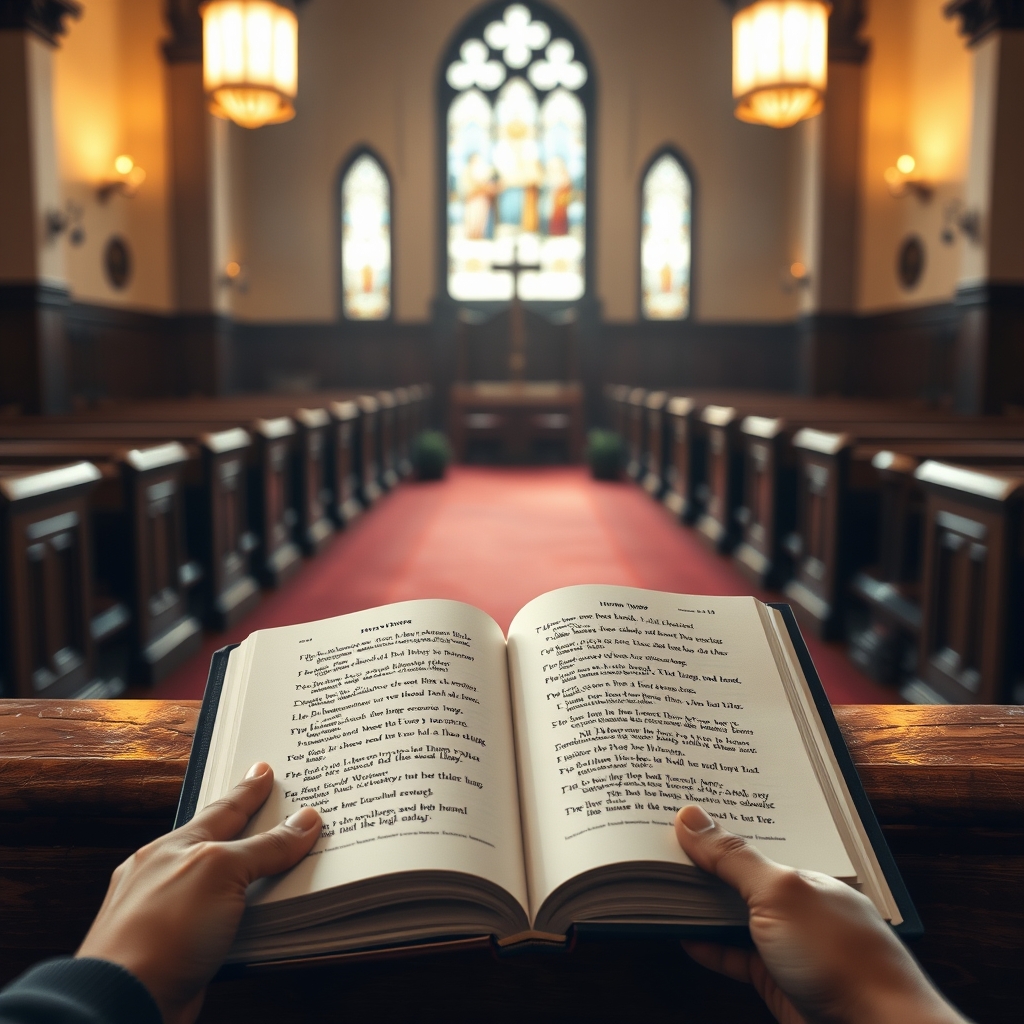 An open hymnal book on a church pew with hands gently holding it, soft light filtering through stained glass, evoking a sense of worship and reflection.