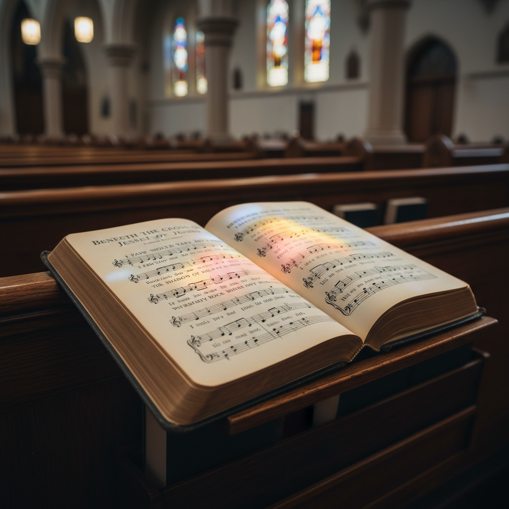 An open hymnal on a church pew with lyrics visible, illuminated by soft light from a stained glass window.