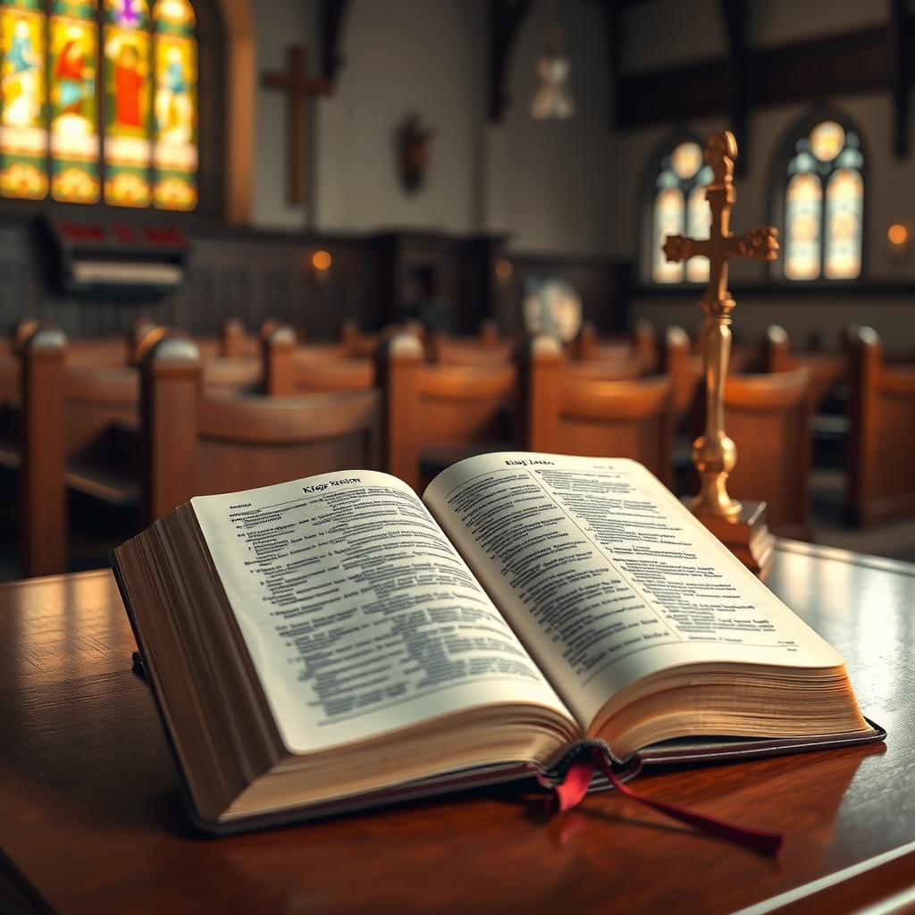 An open King James Version Bible on a church altar with stained-glass light nearby