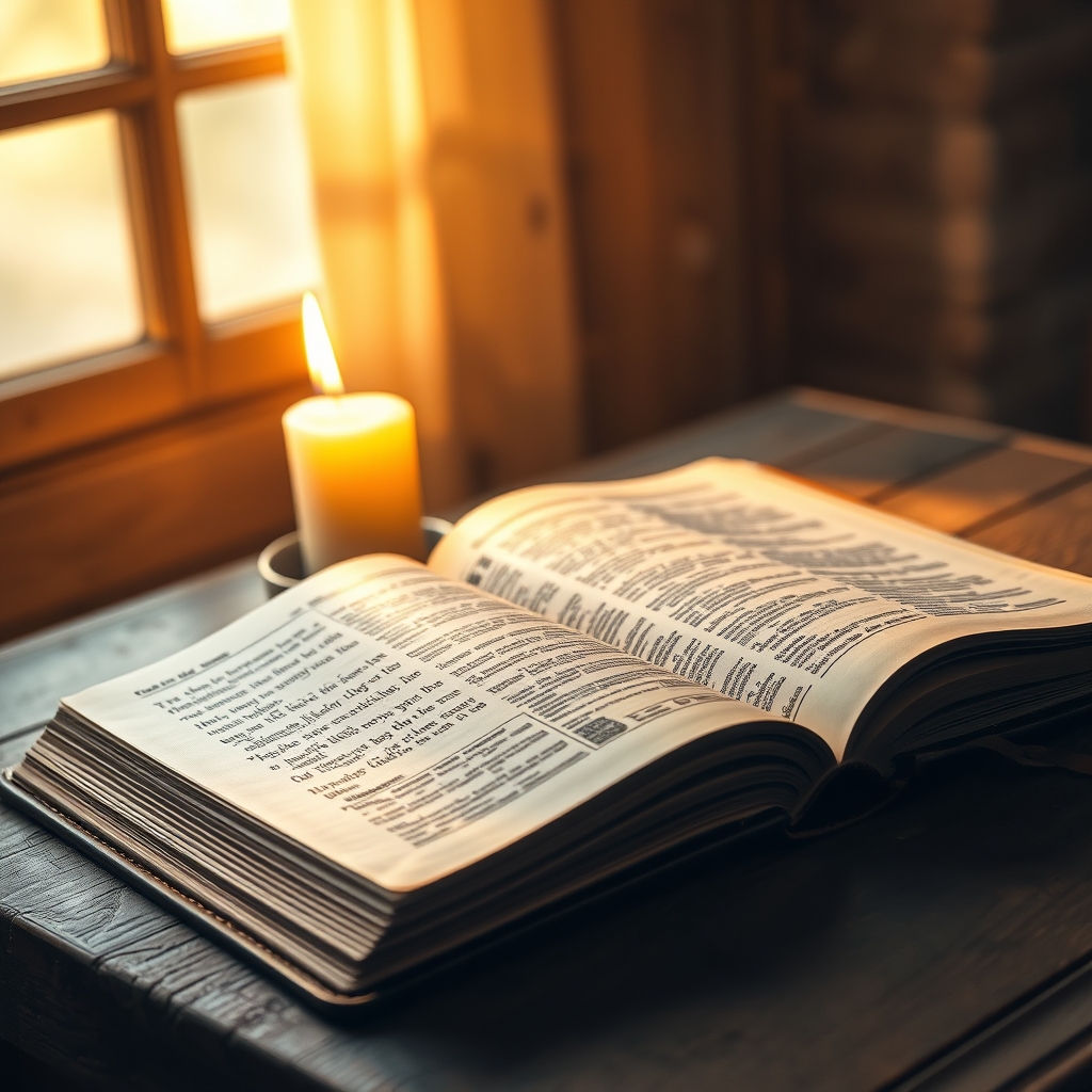 An open leather-bound Bible on a wooden table next to a lit candle, with warm morning sunlight streaming through a window.