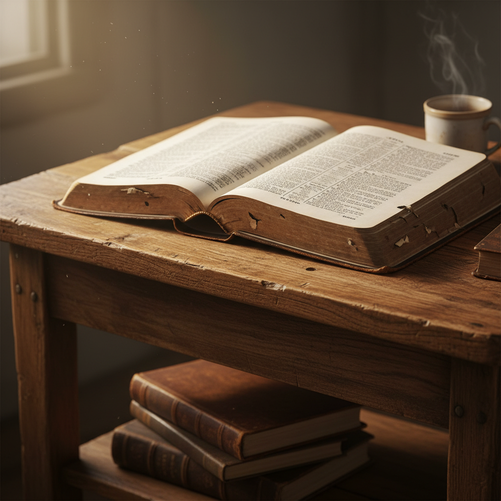 An open, old Bible resting on a wooden table, with a ray of light illuminating the page displaying John chapter 5.
