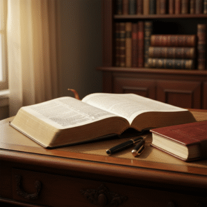 An open vintage Bible, fountain pen, and journal on an antique wooden desk, surrounded by theological books, symbolizing deep spiritual study and enduring Christian legacy.