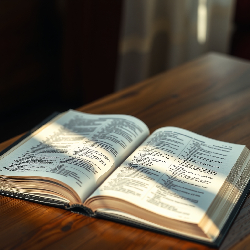 An open, weathered Bible resting on a wooden table, with soft, natural light highlighting the pages.