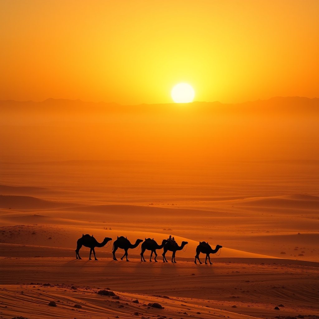 Ancient Middle Eastern desert landscape at sunrise with a caravan of camels silhouetted against the horizon