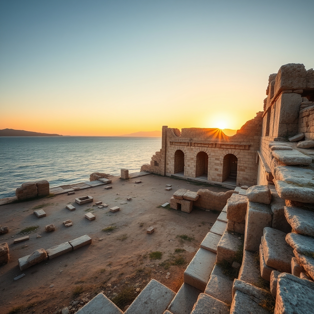 Ancient stone ruins of Bethsaida overlooking the Sea of Galilee during golden hour with warm sunlight and calm waters