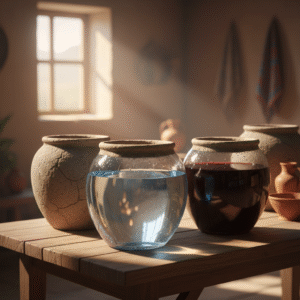 Ancient stone water jars, one holding clear water and another rich red wine, set in a historically plausible Galilean interior, symbolizing Jesus' first miracle at Cana.
