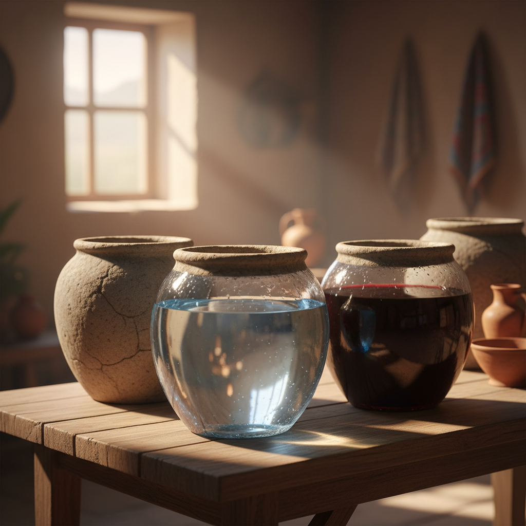 Ancient stone water jars, one holding clear water and another rich red wine, set in a historically plausible Galilean interior, symbolizing Jesus' first miracle at Cana.