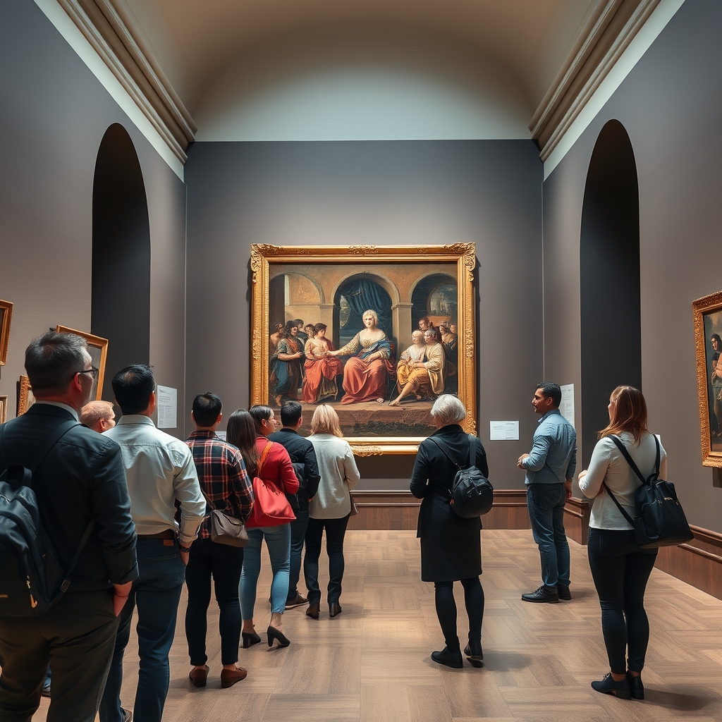 Art history museum gallery with Renaissance painting and visitors, professional photography style.