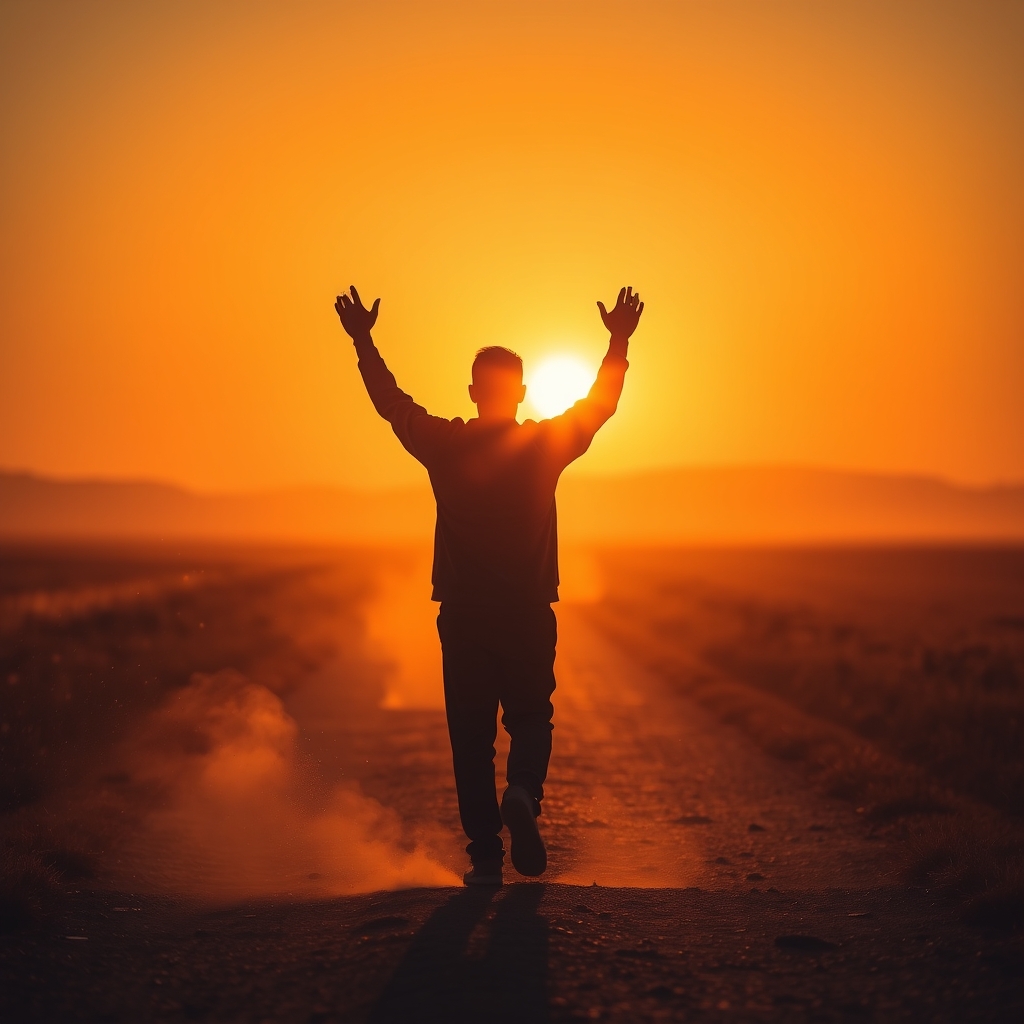 Backlit path with lone traveler walking toward radiant sunrise, dust particles floating in golden atmosphere, warmth and hope, with distant silhouette with arms raised in worship, captured with wide lens and ethereal sacred glow