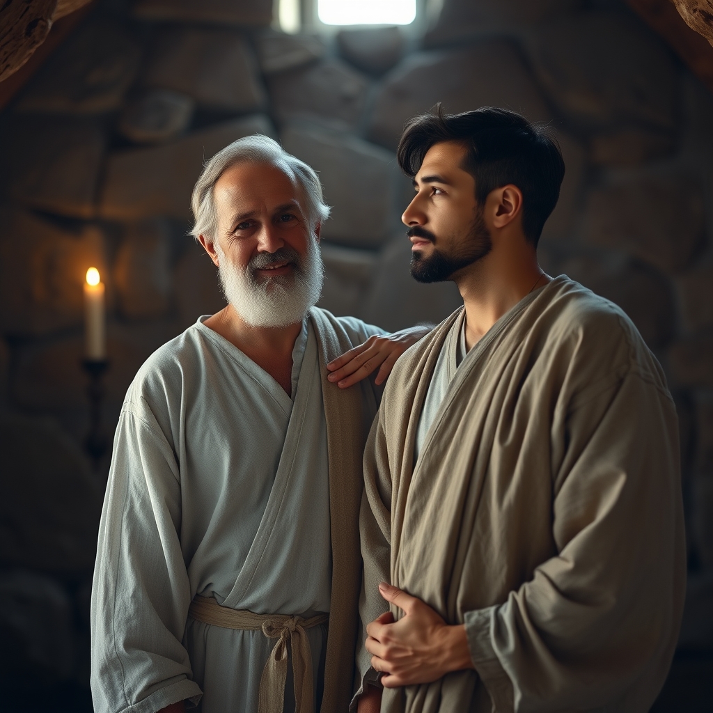 Caring mentor figure with hand on younger disciple's shoulder, warm candlelit Last Supper room, biblical atmosphere, humble expression, photorealistic portrait.