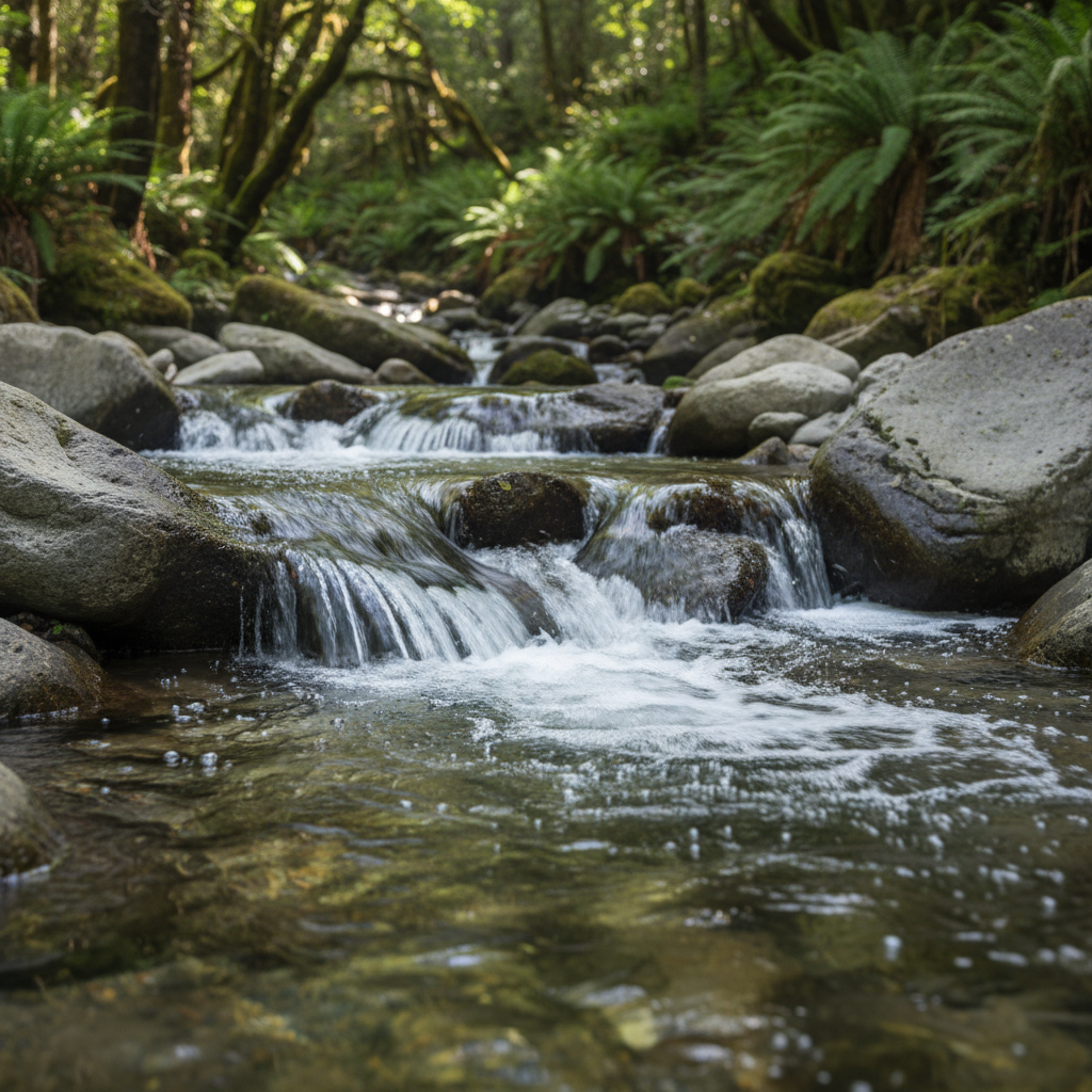 Clear, pristine water flowing abundantly over smooth stones in a natural setting.